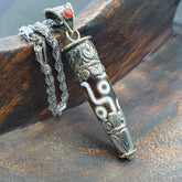 Vintage Tibetan 9 Eyes Agate & Brass Pendant Necklace