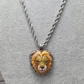 Vintage Ceramic Brass Lion Face with Stainless Steel Chain Pendant Necklace