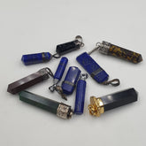 Mix of natural gemstone pendants including agate, jade, jasper, and more