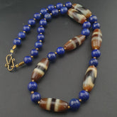 Vintage Himalayan Tibetan Zigzag & Stripe Pattern Agate Beads With LapisLazuli Necklace
