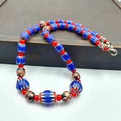 Vintage Venetian White heart With Blue Glass Chevron Beads Necklace. NC-9-2