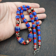 Vintage Venetian White heart With Blue Glass Chevron Beads Necklace. NC-9-2