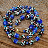 Vintage Venetian Style Trade Skunk Blue Chevron and jade Beads Strand H-8B