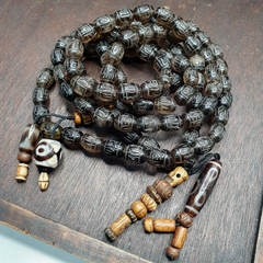 TIBETAN ANTIQUE Carving Smoky Quartz 108 beads with dzi Agate Rosary MALA
