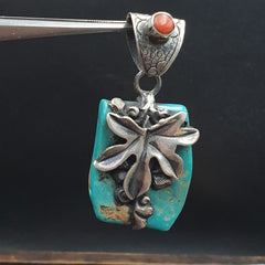 Amazing Natural Arizona Turquoise Nugget, Coral 925 STERLING SILVER Pendant TP2