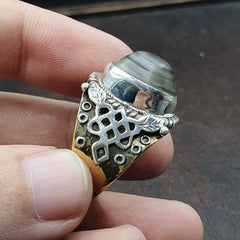 Antique tibetan eye agate center stone silver inlay gold plated brass ring