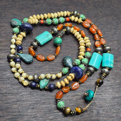 Turquoise lapis agate stone tibetan nepal necklace boho ethnic jewelry 40"