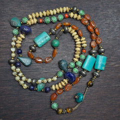 Turquoise lapis agate stone tibetan nepal necklace boho ethnic jewelry 40"