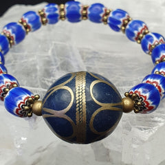 Vintage Blue Venetian Chevron Bead Bracelet: Afghan Style