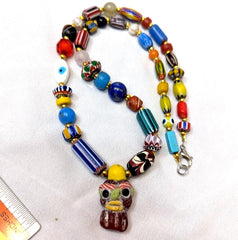 Vintage handmade face bead mix chevron glass beaded necklace #3Gift