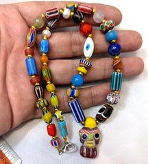 Vintage handmade face bead mix chevron glass beaded necklace #3Gift