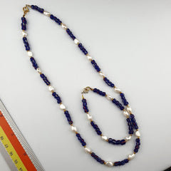 Freshwater Pearl & Blue Glass Beaded Necklace Bracelet Set: .925 Silver