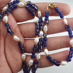 Freshwater Pearl & Blue Glass Beaded Necklace Bracelet Set: .925 Silver
