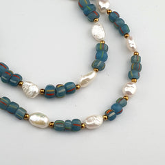 Freshwater Pearl & African Glass Beads Necklace and Bracelet Set 18" Handmade Jewelry Gift for Women Gift for her