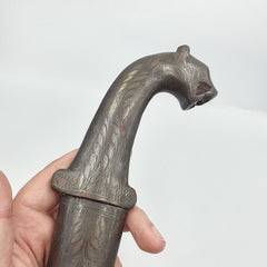 Antique persian silver inlay dagger vintage lion -head handle with sheath