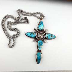 Turquoise Cross Pendant Necklace: Silver Finish Christian Jewelry