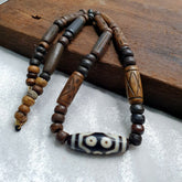 7 eyes tibetan old agate amulet with carving yak bone beads necklace