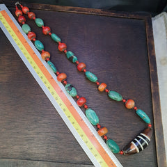 Antique Tibetan 4Stripes Dzi Eye Agate, turquoise and coral beads necklace #j4
