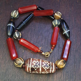 Antique asian etched decorated agate vintage pumtek carnelian beads necklace