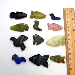12 pcs vintage lapis lazuli, jade crystal stone birds fish amulets pendants