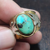 Silver inlay brass ring with arizona turquoise center stone gold plated brass