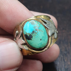 Silver inlay brass ring with arizona turquoise center stone gold plated brass