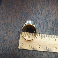 Antique tibetan etched agate center stone silver inlay gold plated brass ring