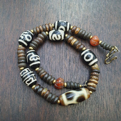 HIMALAYAN Indo Tibetan 7 Dzi Agate beads with yak bone beaded necklace
