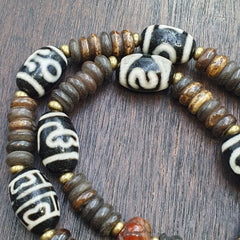 HIMALAYAN Indo Tibetan 7 Dzi Agate beads with yak bone beaded necklace