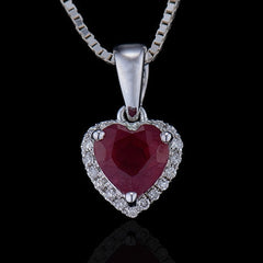 LOVERJEWELRY Young Girls Pendant Solid 18K White Gold Diamond Red Ruby Heart Pendants Necklace without Necklace Chain