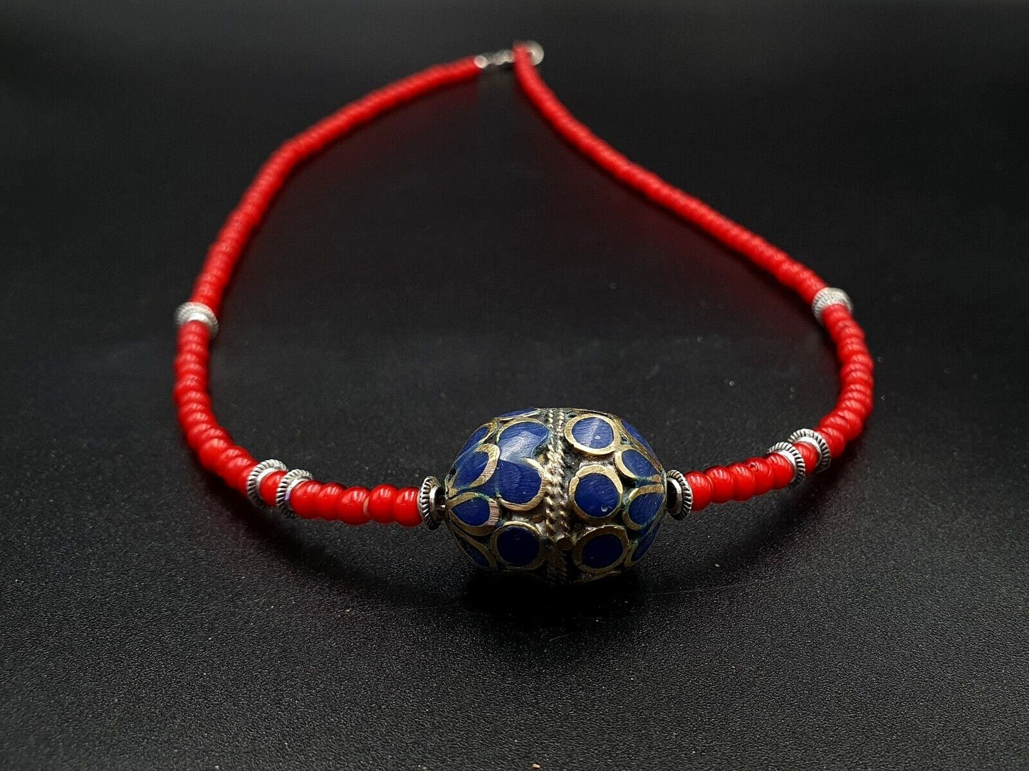 Vintage Afghan Brass Bead Necklace: Venetian White Heart Trade Beads