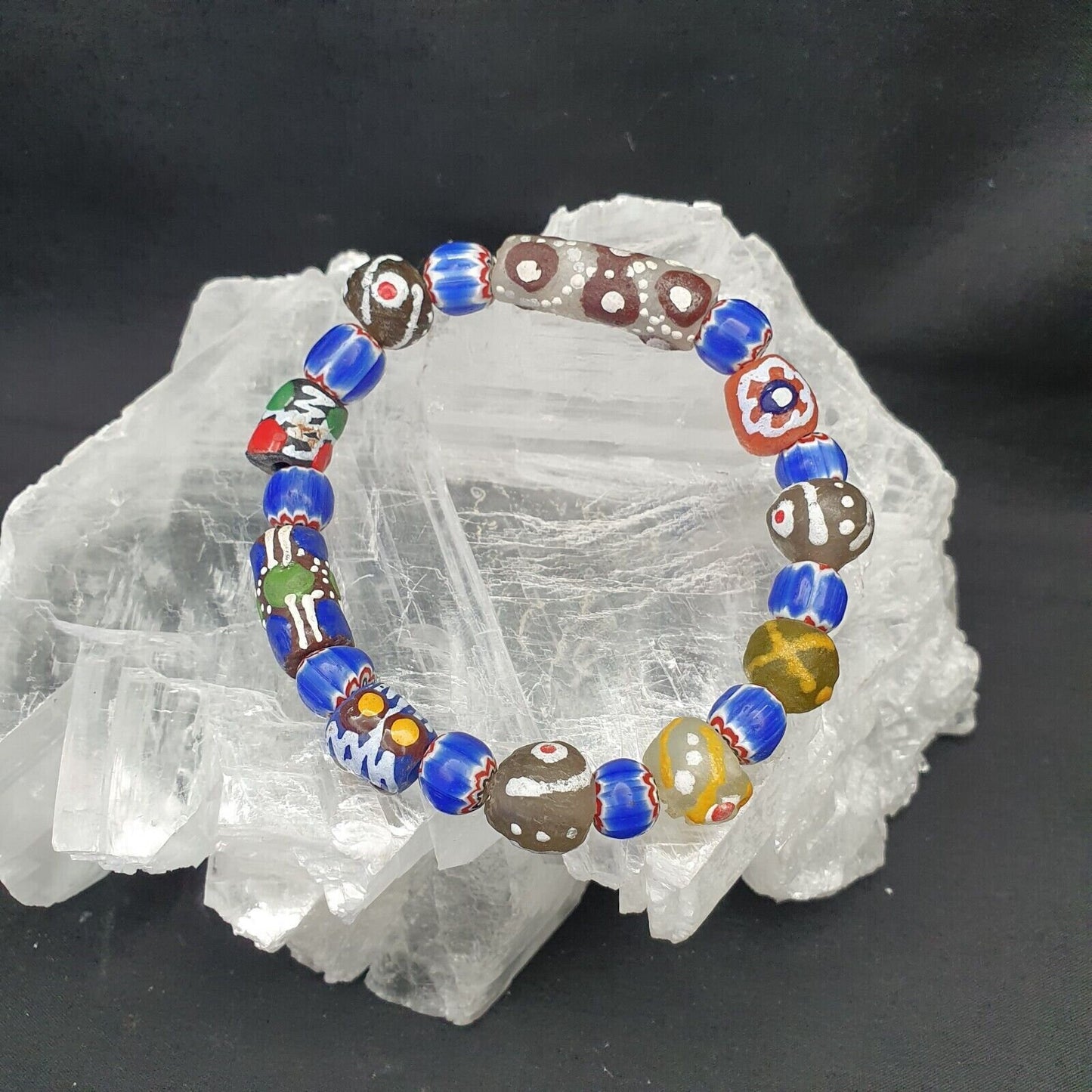 Vintage Blue Chevron African Glass Bead Bracelet