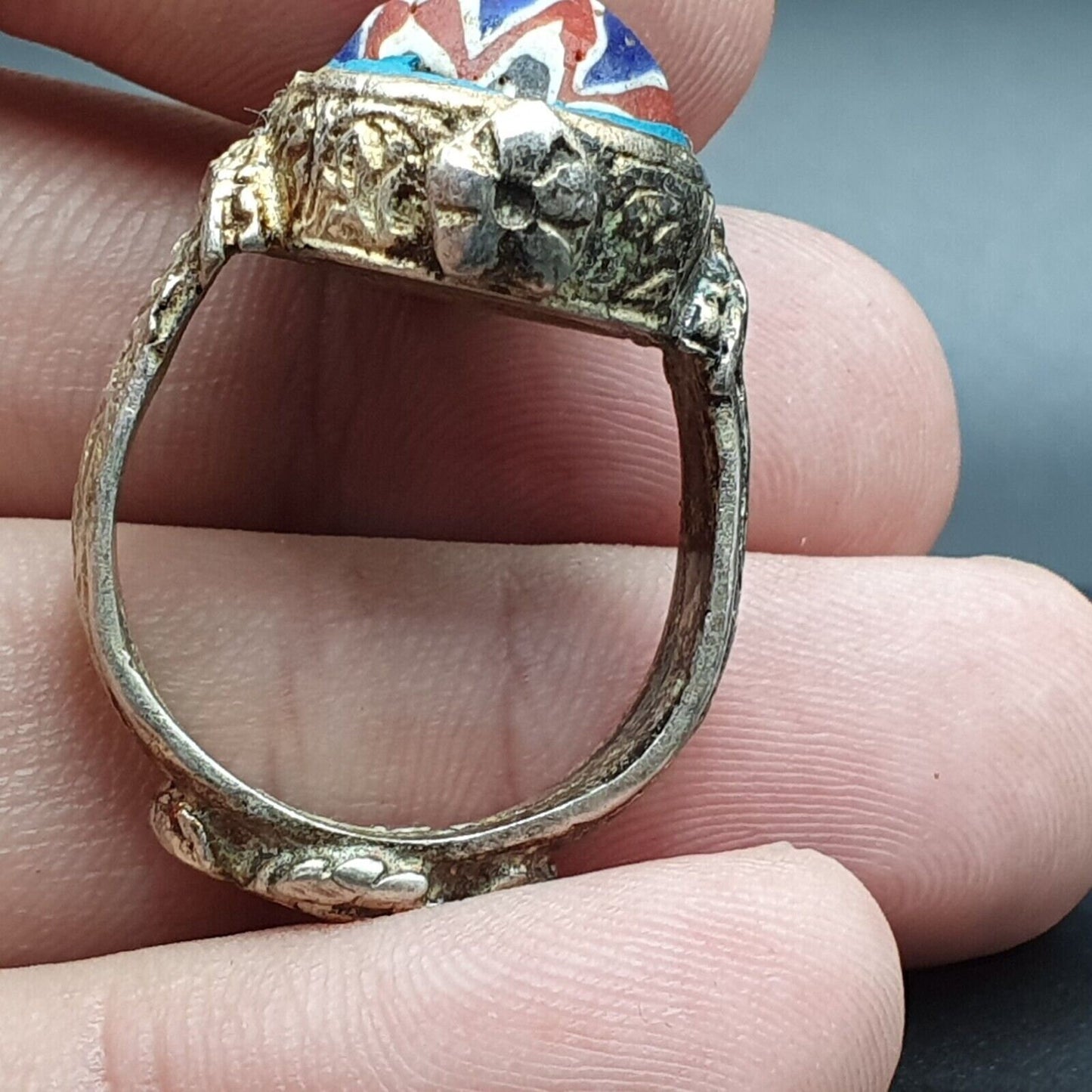 Vintage Chevron Mosaic Glass Ring - Brass Pattern Band