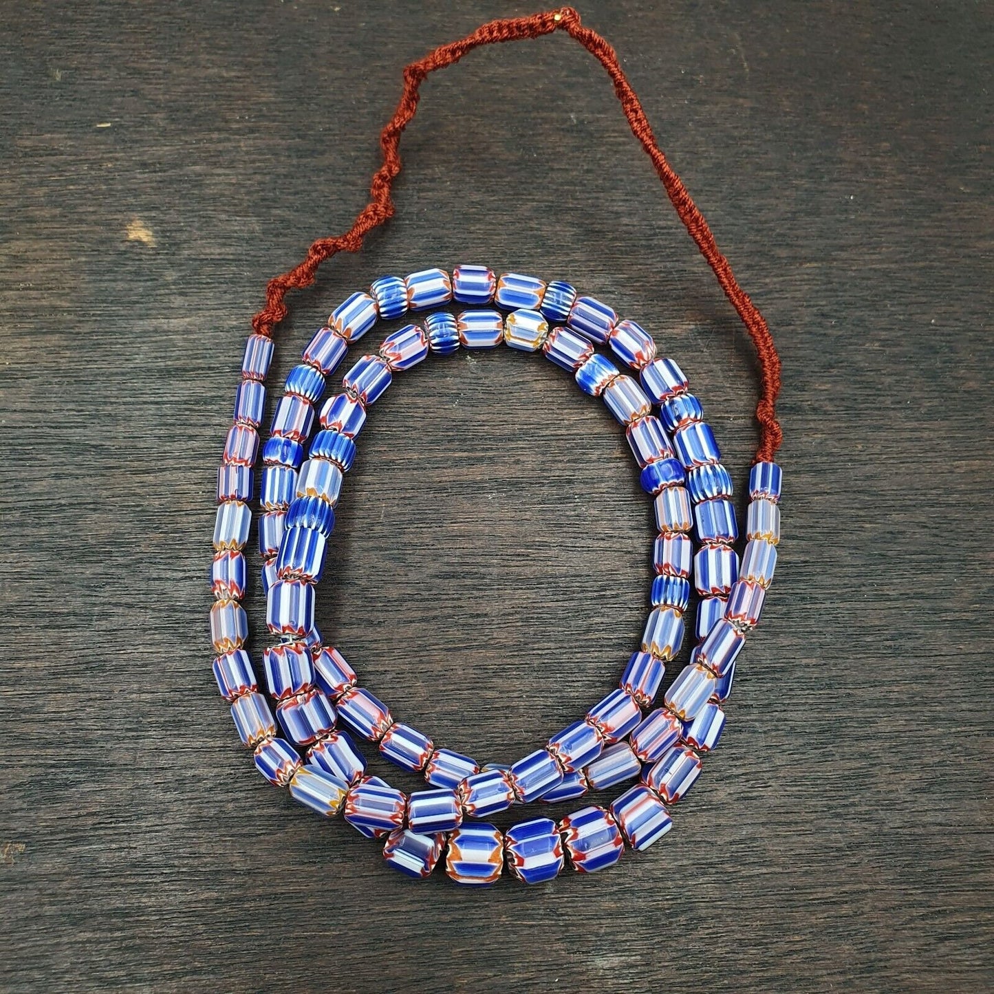 Vintage Venetian Chevron Bead Necklace: Old Blue Glass, 24 Inch Strand