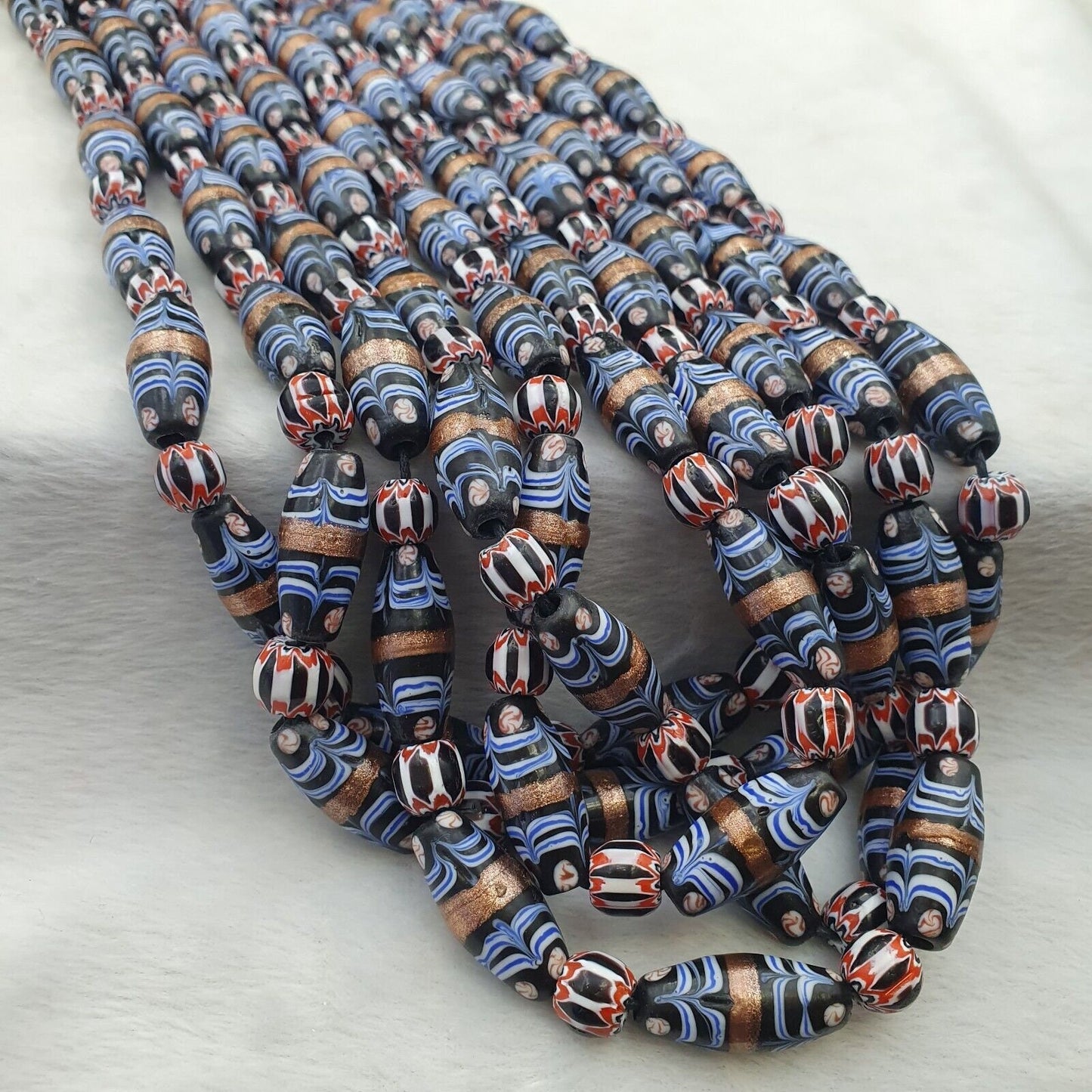 Vintage millefiori fancy feather & chevron glass beads 25×10 mm | long strandGift