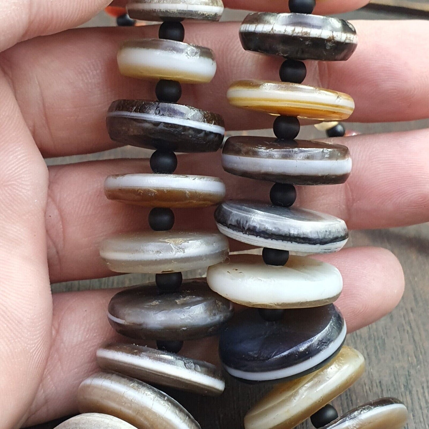 Very rare collection ancient dzi agate stone disc himalaya beads necklace b-2