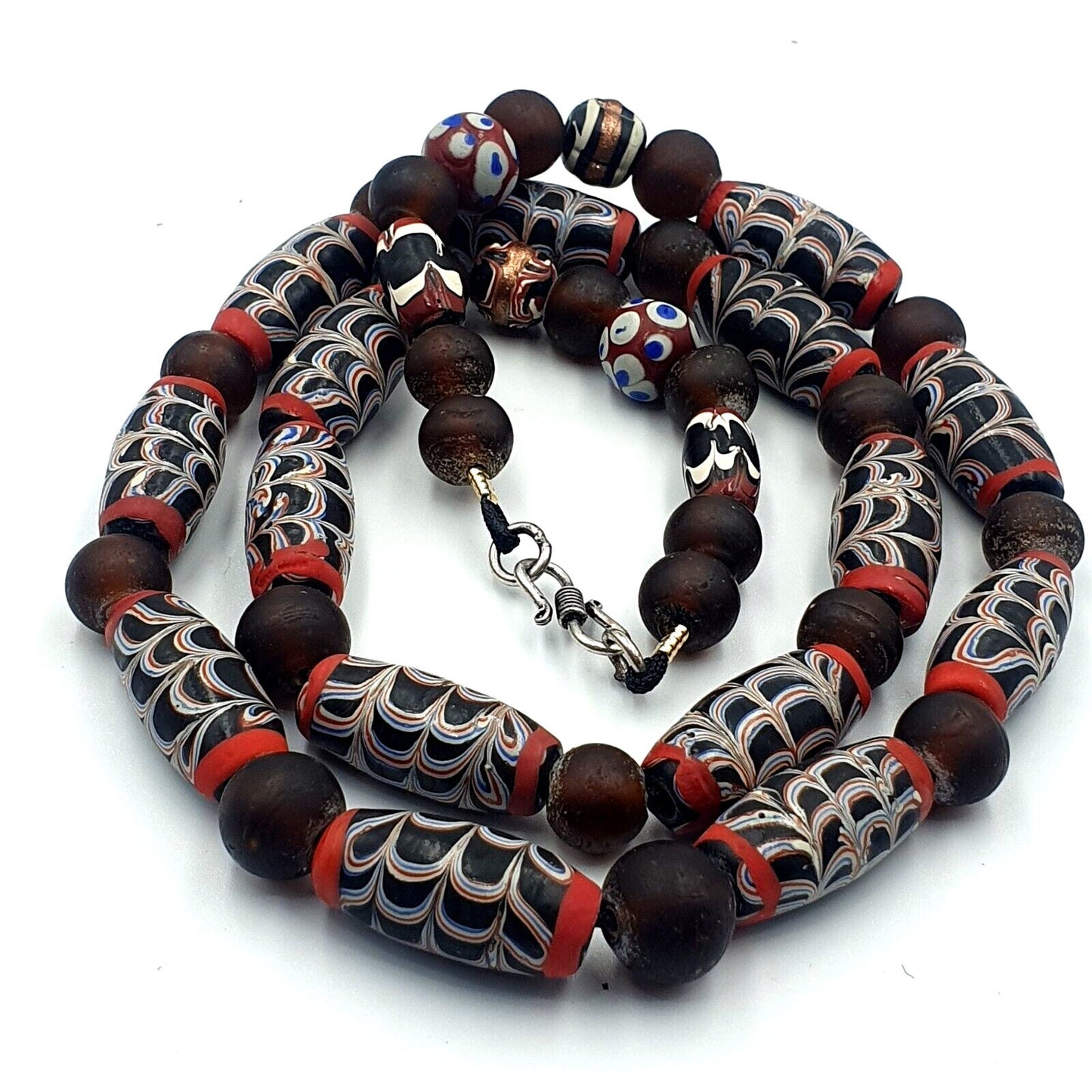 Vintage feather style unique pattern trade beads beaded necklace