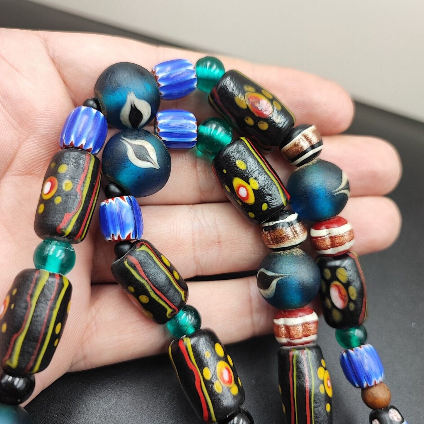 Vintage Venetian Style Glass Bead Strand: African Asian Mosaic Necklace
