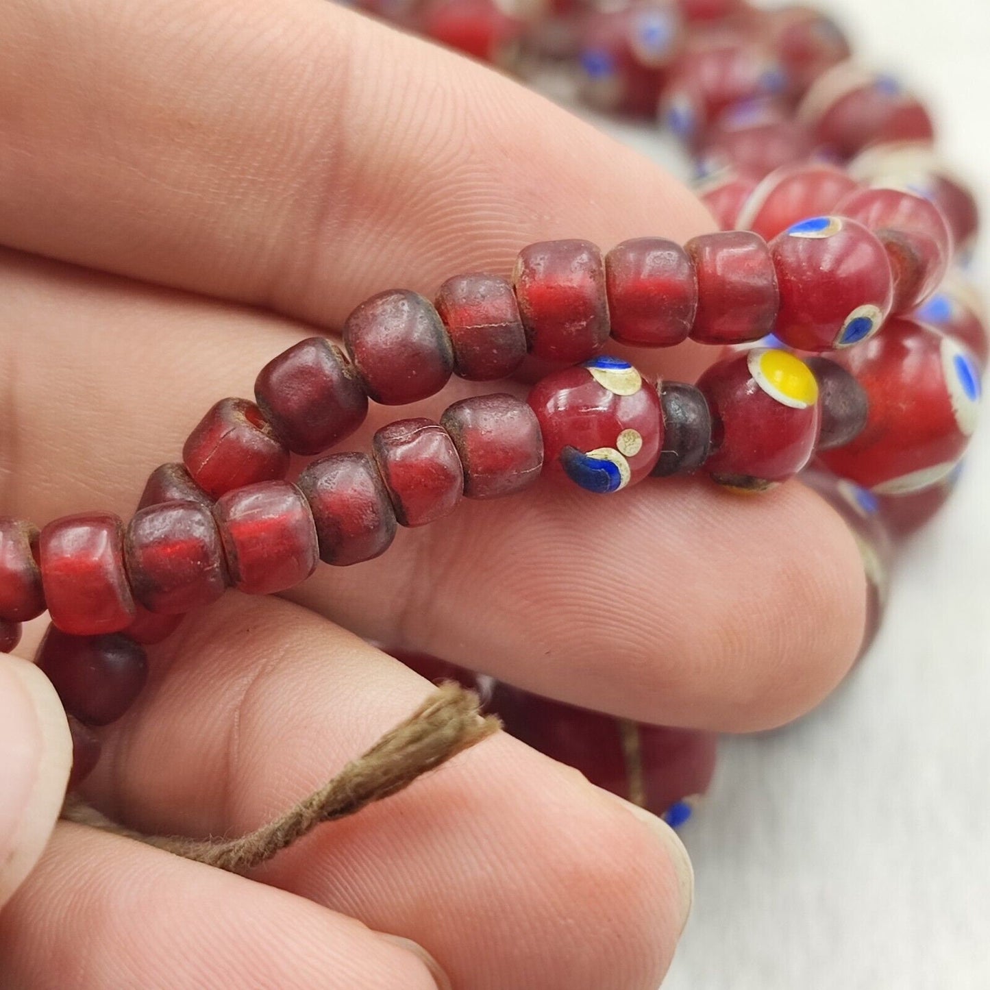 Vintage Red Venetian Trade Bead Necklace: 28" Skunk Glass Beads