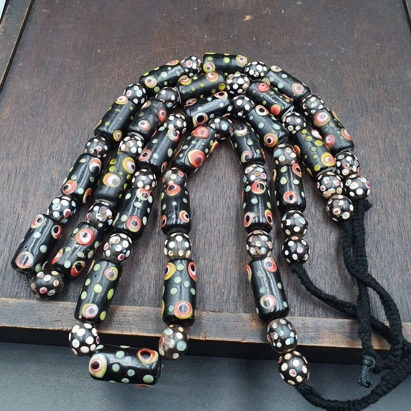 Vintage black gabri eyes skunk thousand eyes glass beads strandGift