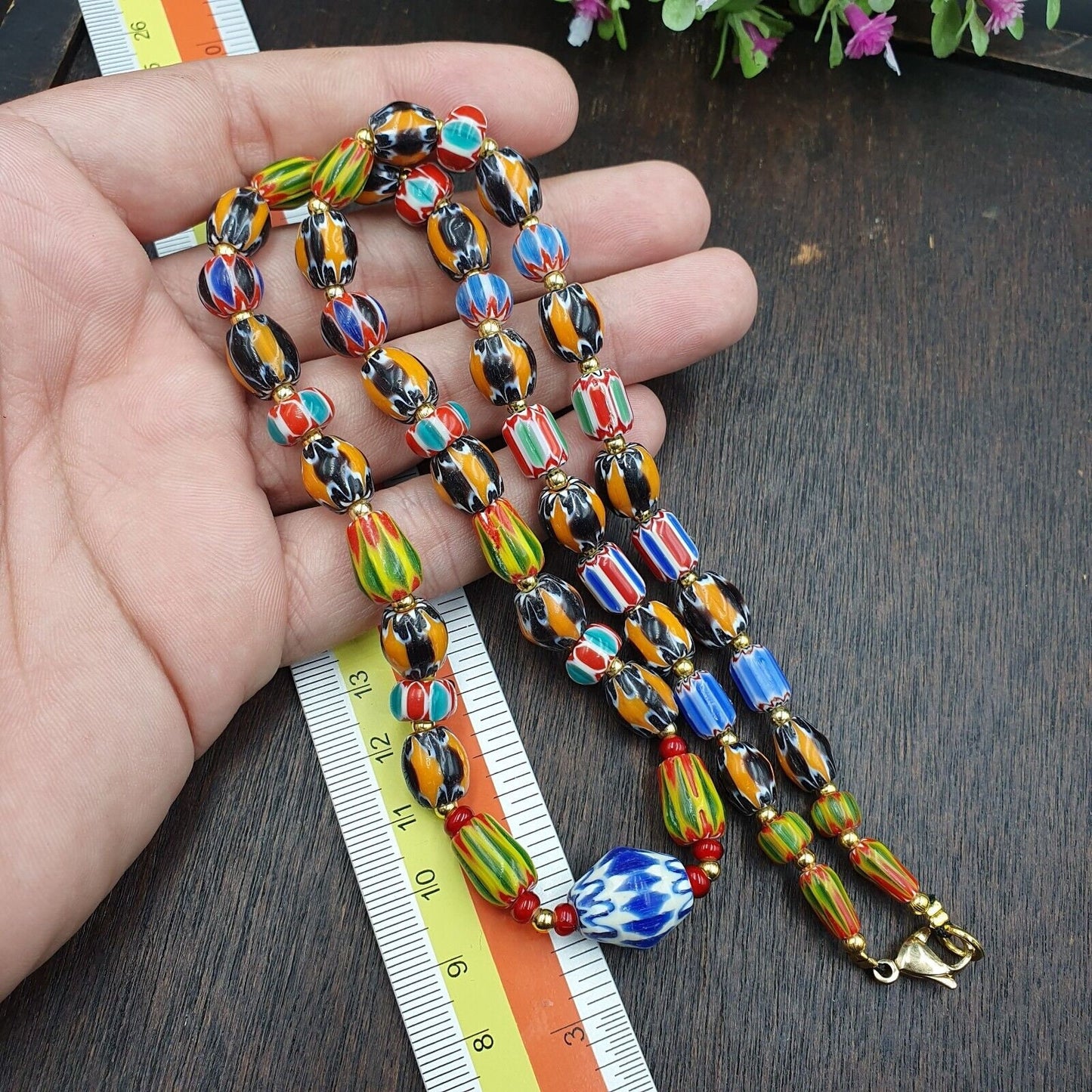 Ych-15 venetian inspired chevron and red white heart beads necklace