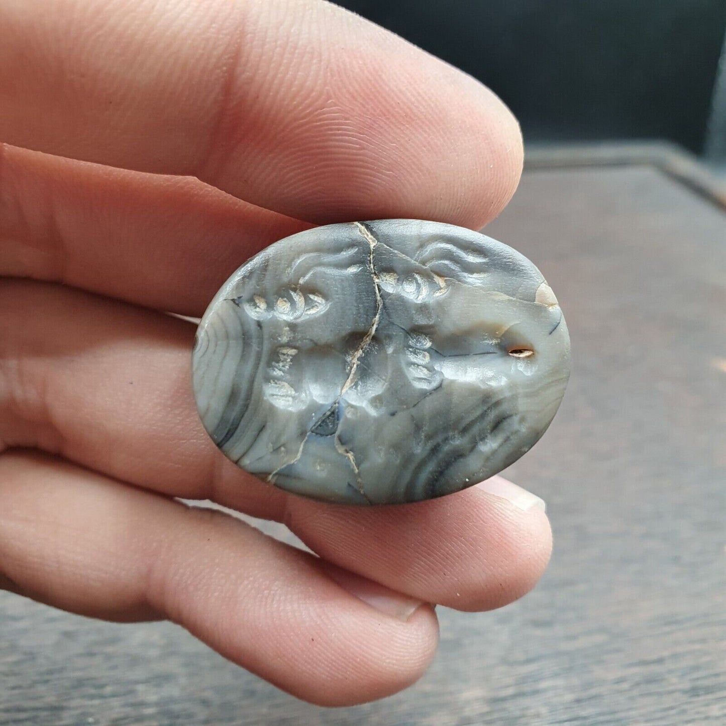Antient antique babylonian intaglio agate bead, stamp seal