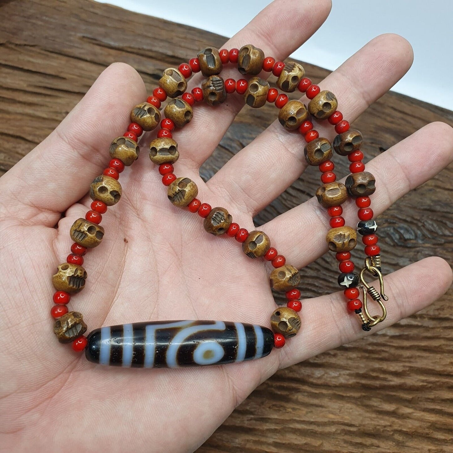 Antique vintage himalayan indo tibetan 2 eye agate, carving skull beads necklace