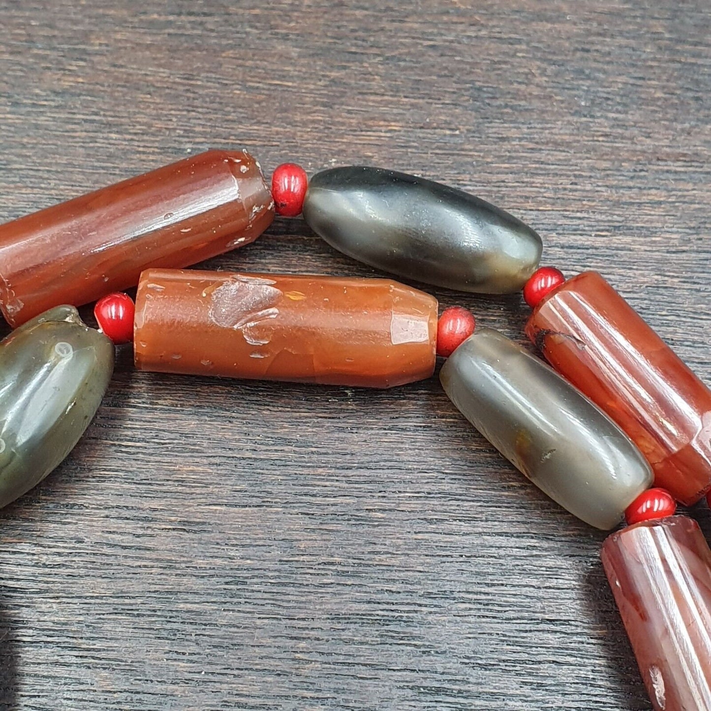 Antique Gray Agate African Trade Bead Necklace: Red Accents