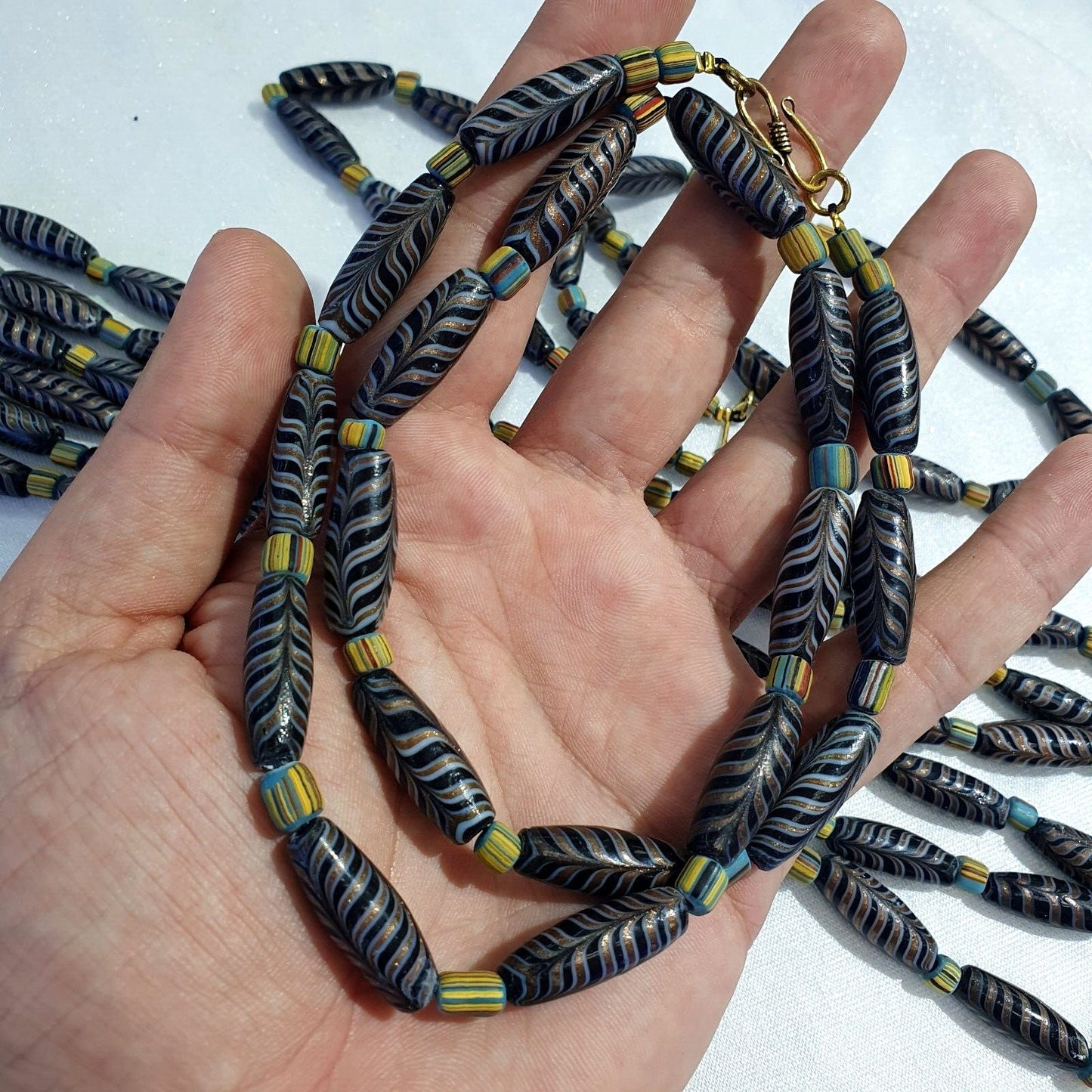 Vintage aventurine fancy feather beads 25-24 x9.5mm black glass beads necklaceGift