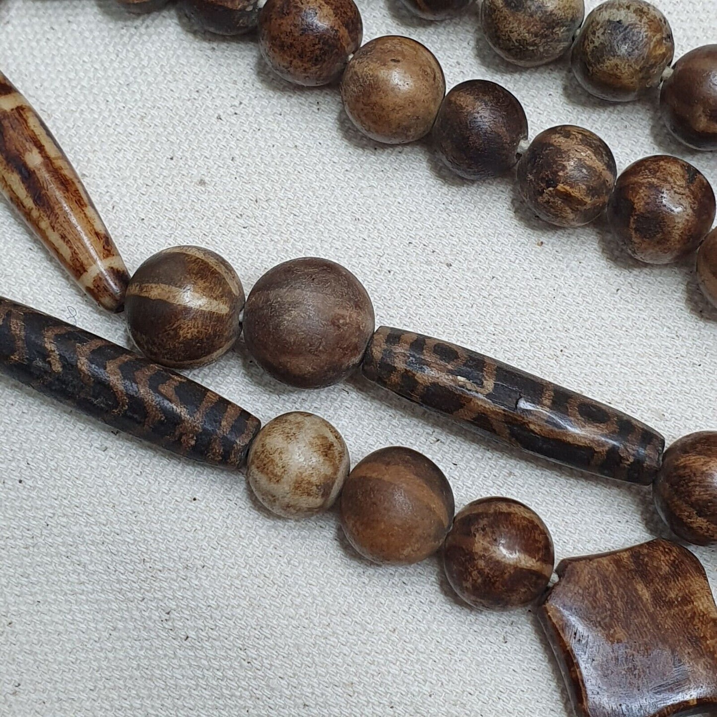 Antique Pumtek Bead Necklace: Agatized Palmwood, Southeast Asian Collectible