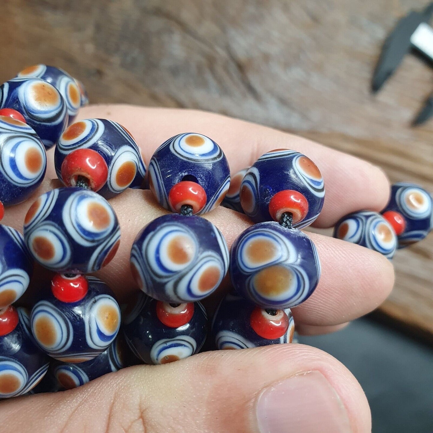 Handmade Hundred Eyes Glass Bead Necklace with Venetian Red Whiteheart Beads