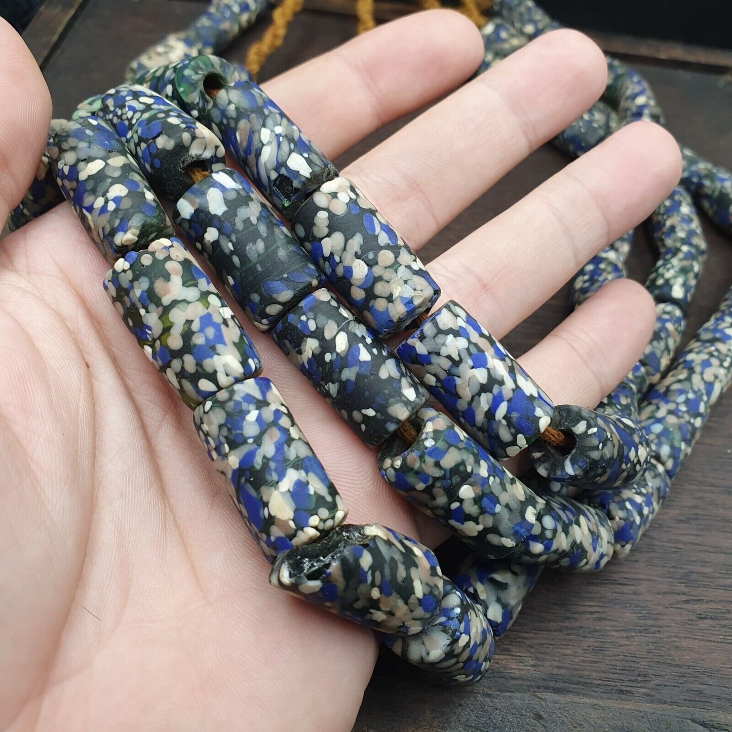 Vintage blue, white art fancy glass beads necklaceGift