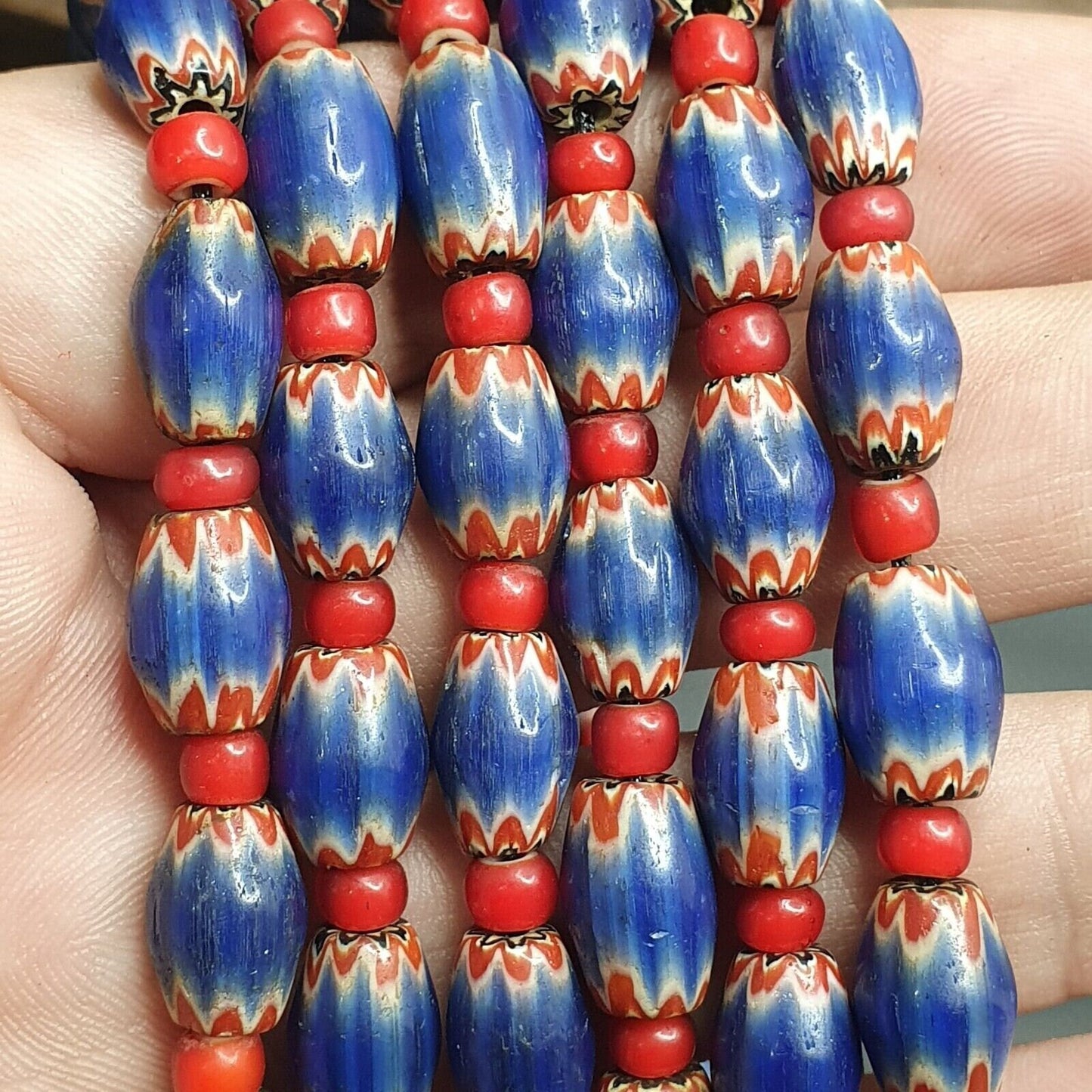 Antique venetian white heart and blue chevron trade beads necklace