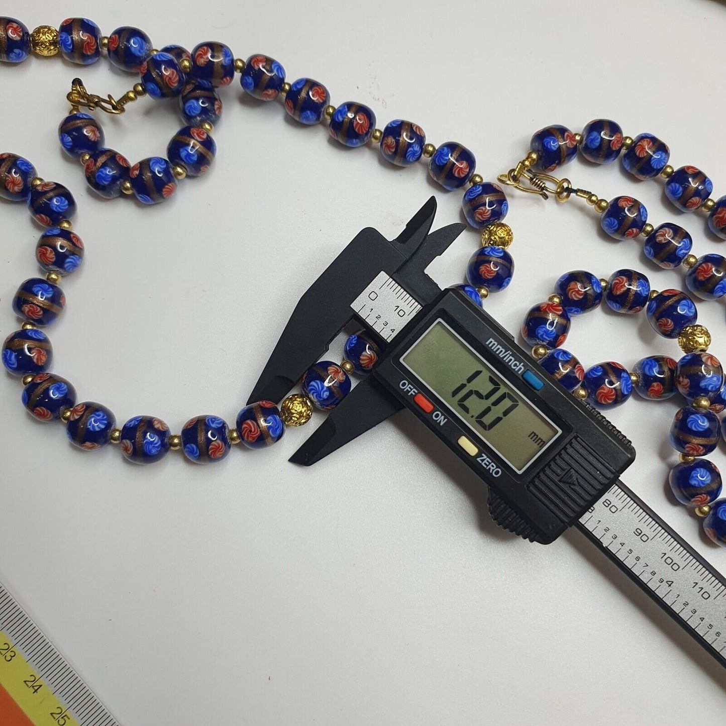 Murano Style Glass Bead Strand: Blue Aventurine Millefiori, 12mm